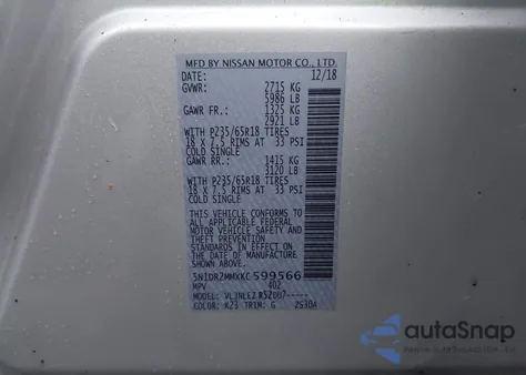 2019 Nissan Pathfinder Sv z USA, uszkodzony, nr VIN 5N1DR2MMXKC599566